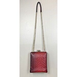 Faux Ostrich Leather Cross Body Purse Gold Chain Gemstone Snap Rectangle Red